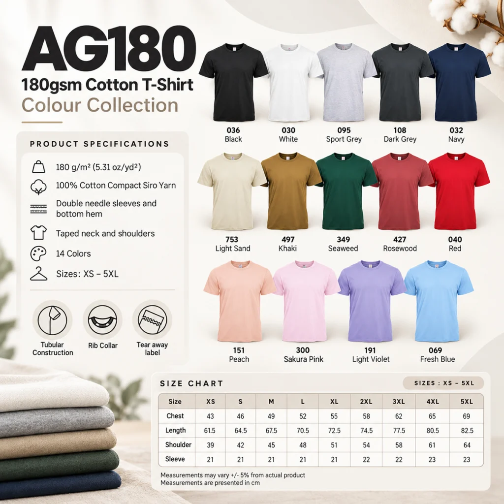 Arrive Guide Prime Siro Cotton Adult Basic T-Shirt (AG180) – 180gsm Lightweight Comfort size guide