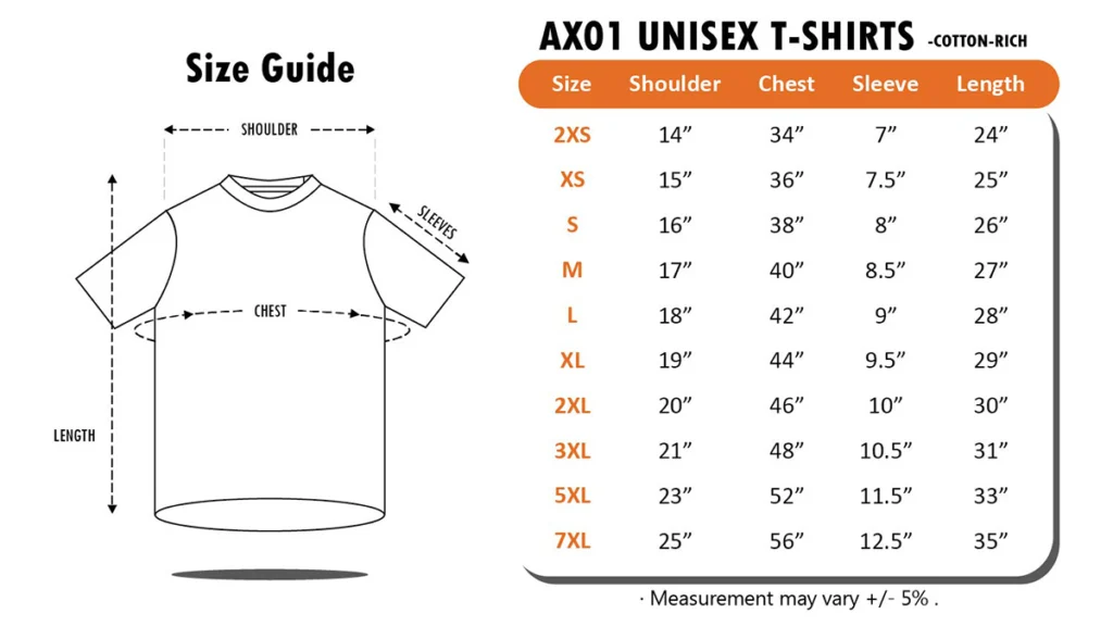 CVC Cotton Round Neck Short Sleeve T-Shirt - 170gsm (AX01) size guide