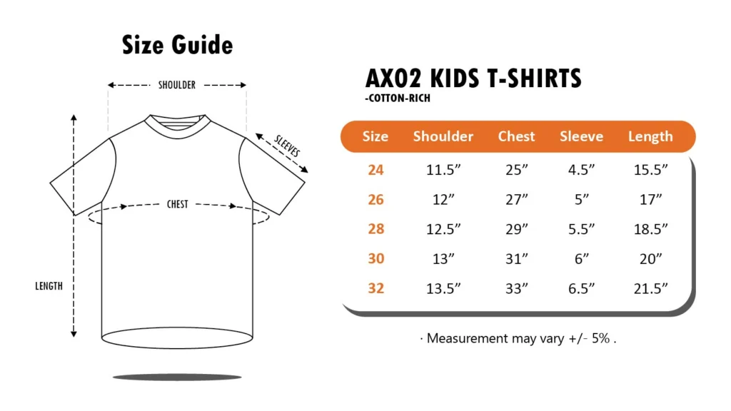 Kids CVC Cotton Round Neck Short Sleeve T-Shirt - 170gsm (AX02) size guide