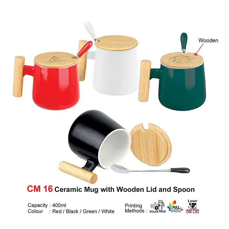 Ceramic Mug with Wooden Lid and Spoon (CM16)