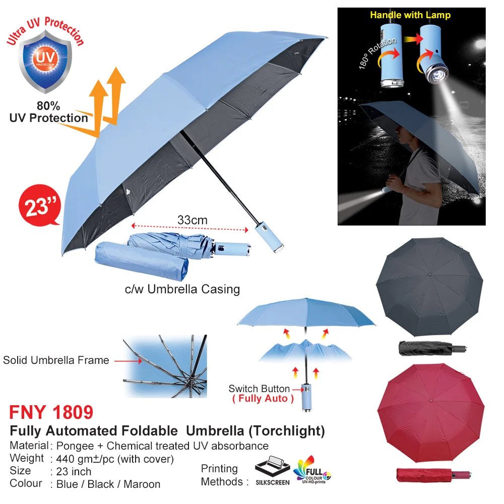 23" Fully Automated Foldable Umbrella with Torchlight (FNY1809)