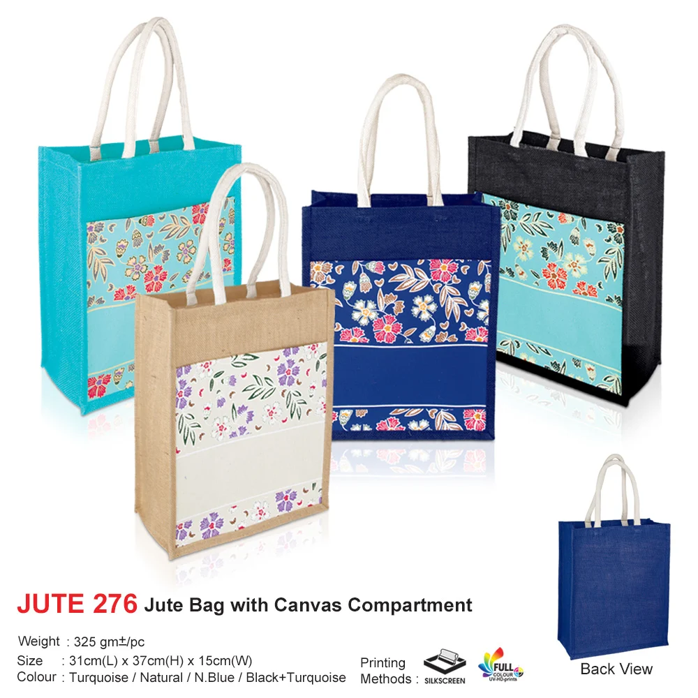 Jute Bag with Canvas Compartment (JUTE276) - 31 x 37 x 15 cm