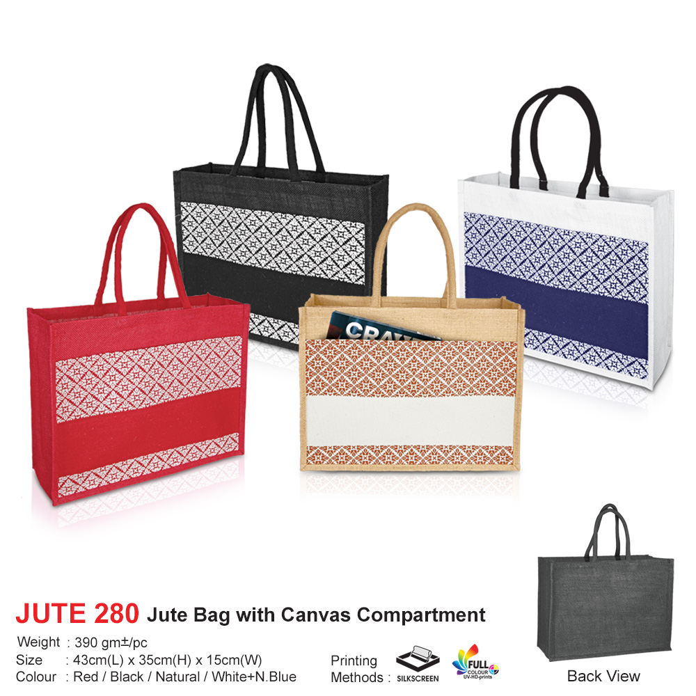 Jute Bag with Canvas Compartment (JUTE280) - 43 x 35 x 15 cm