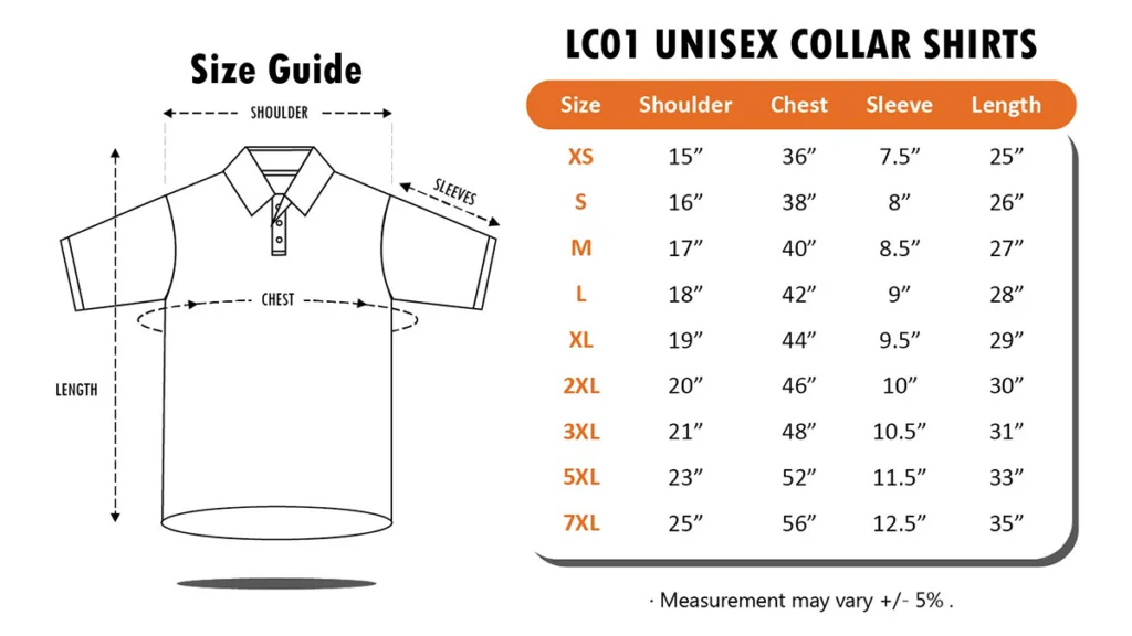 Premium CVC Lacoste Polo - 210gsm (LC01) size guide