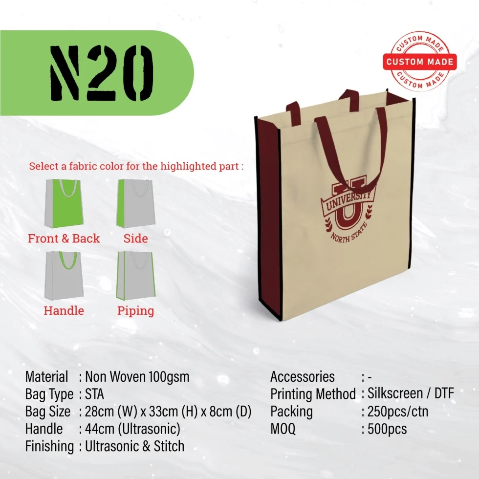 A4 size Custom Made Ultrasonic Non Woven Bag (N20) - 28 x 33 x 8 cm