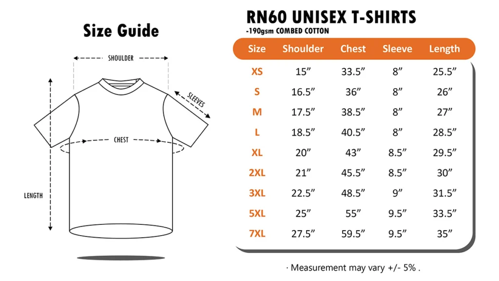 Premium Cotton T-shirt - 190gsm (RN60) size guide