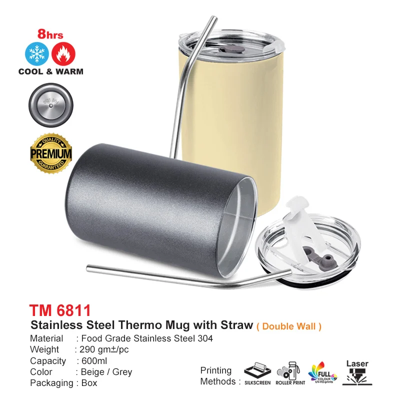 Stainless Steel Thermo Mug with Straw 600ml (TM6811)