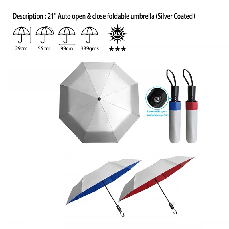 21" 3 fold Auto Open Umbrella (Silver Coated)