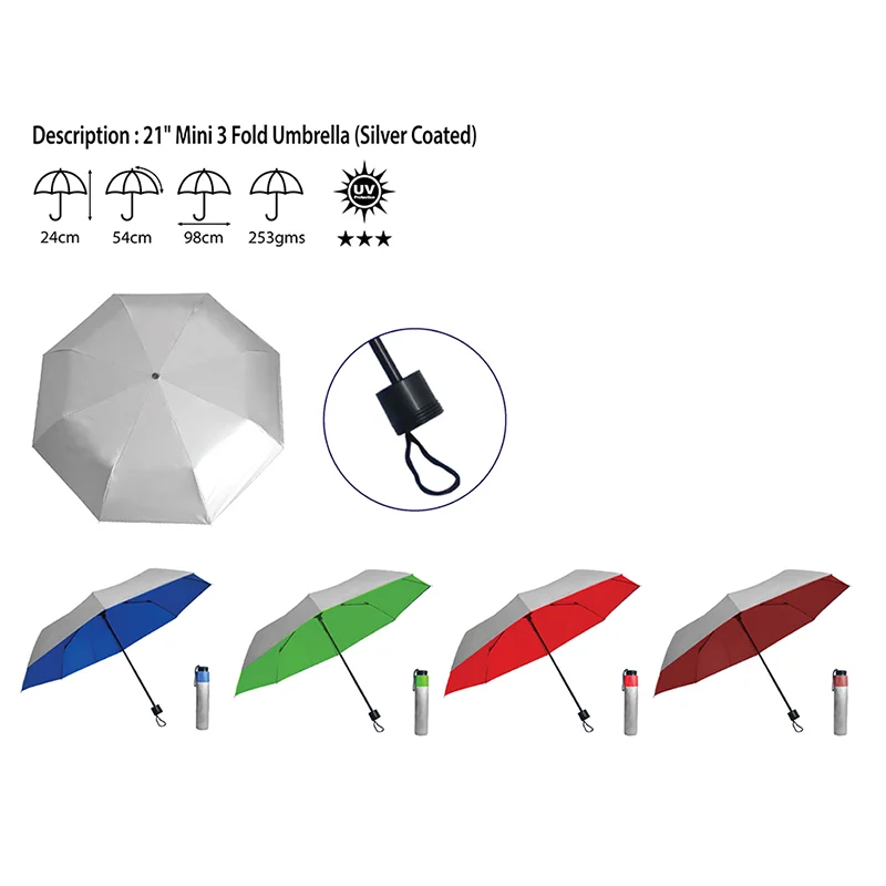 21" Mini 3 Fold Umbrella (Silver Coated)